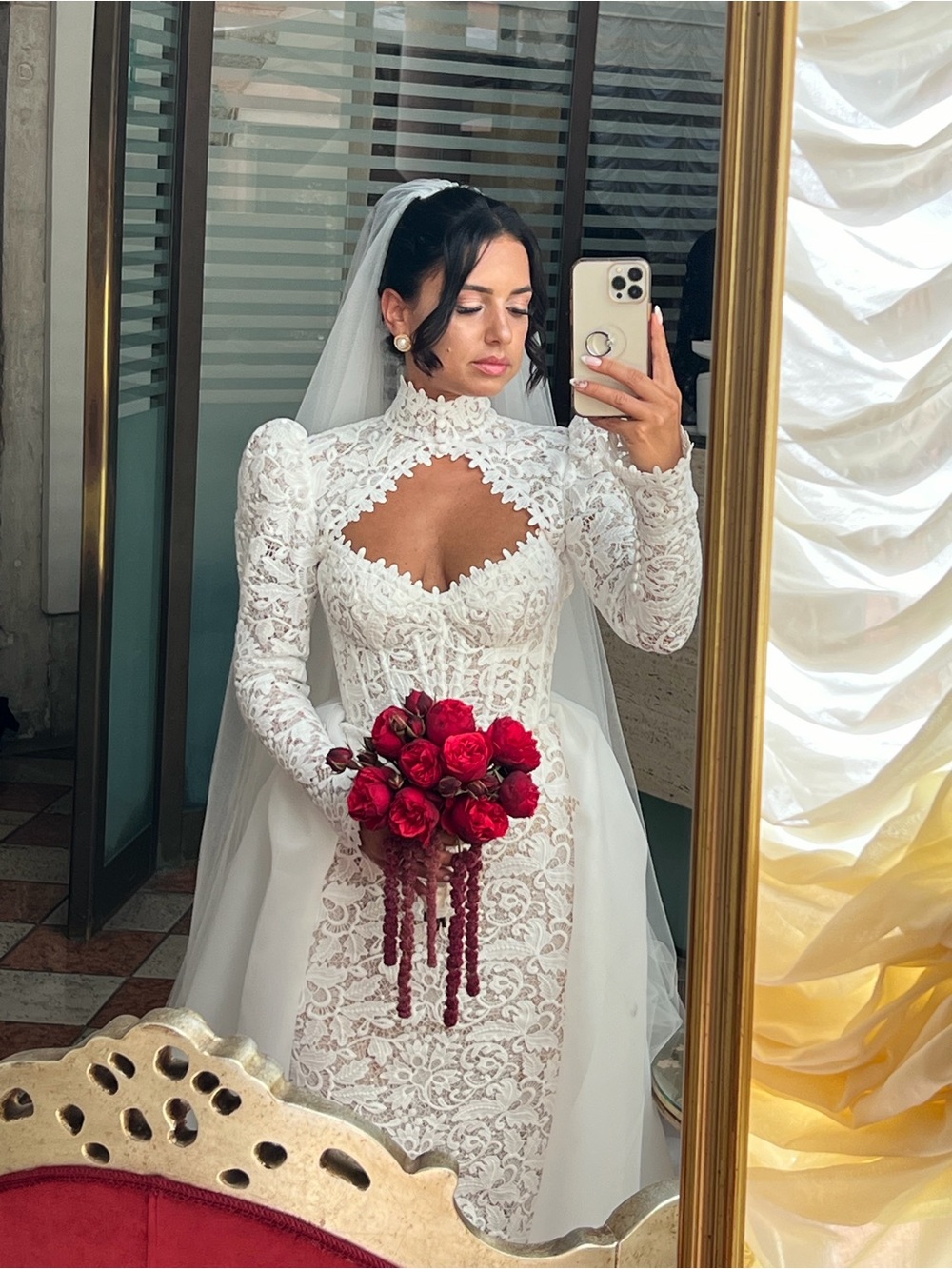 Custom made Elegant White Lace Long-Sleeve Bridal Dress with High Neck